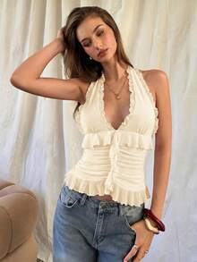 Aloruh Top de punto sin mangas con cuello en V y volantes, unicolor beige, adecuado para citas, vacaciones y uso diario - Beis - Ver 4