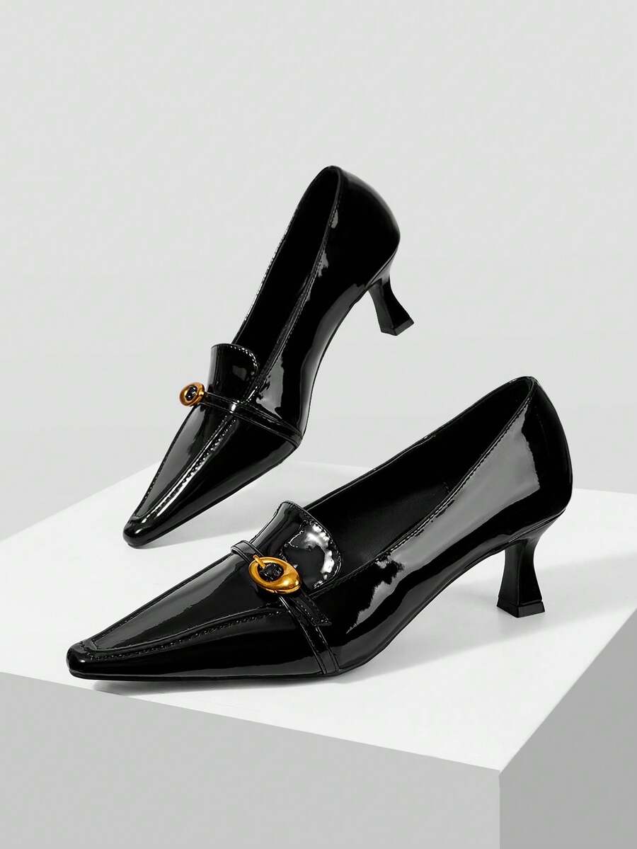 Mnmlis حذاء لوفر كلاسيكي من الجلد اللامع موديل 2026 بمقدمة مربعة وإبزيم معدني وكعب متوسط، متعدد الاستخدامات للتنقل اليومي - الأسود - مشاهدة 1