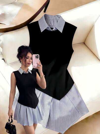 SHEIN Franclia 女士条纹拼接翻领无袖连衣裙