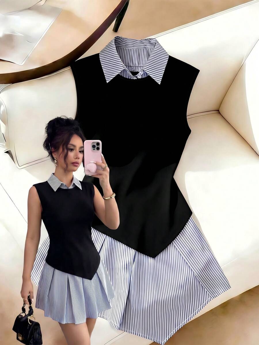 SHEIN Raffinéa Women's Striped Patchwork Collared Sleeveless Dress - Black - View 1