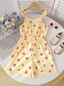 Sparklyn Tween Girls' Summer Casual Cute Bow Ruffle Sleeve Comfortable Jumpsuit, Blue & White Plaid Cherry Pattern Romper - Yellow - View 3