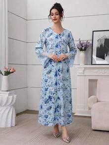 Al Najma V领蕾丝袖热带植物印花连衣裙配头巾，两件套 - 藍色 - 查看 6