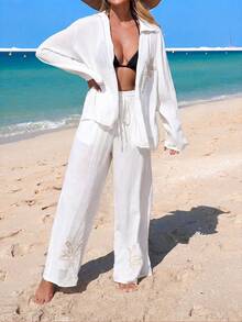 Swim Lushoire 26SS Spring/Summer Vacation Beach Elegant Black Embroidered Loose Shirt Kimono Cover Up - White - View 5