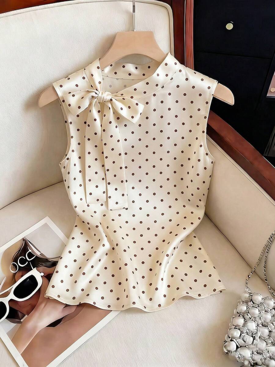 GlowEve Áo thun satin nữ thanh lịch in họa tiết chấm bi Pháp, thắt nơ phía trước. - Nhiều màu - Xem 1