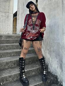 Whyspr 暗黑朋克复古黑色摩托车摇滚图案抽绳女式T恤 - 酒紅色 - 查看 5
