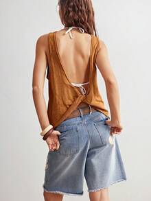 Bohemela Camiseta sin espalda de punto de unicolor para mujer, adecuada para vacaciones de primavera/verano - Marrón - Ver 8
