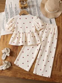 Emery Rose Kids Emery Rose Kids Bộ đồ 2 món cho bé gái: áo tay cánh hoa kẻ caro dệt kim và quần dài rộng. - Màu be - Xem 3