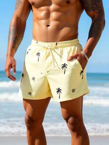 Manfinity KASUA Pantalones cortos de playa con estampado de palmeras de coco para hombre, vacaciones - Albaricoque - Ver 3