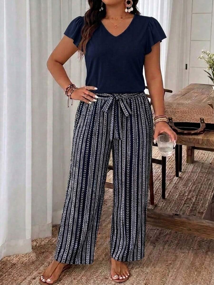 SHEIN Frenchy Plus Size Summer Casual Solid Color V-Neck Ruffle Trim Top And Pants 2-Piece Set - Navy Blue - View 1