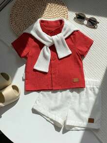 Set Baju Lengan Pendek dan Celana Pendek Pinggang Elastis Gaya Sekolah Kasual Lucu untuk Bayi Laki-laki Baru Lahir - Red and White - View 8