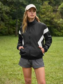 Exploreva Exploreva Women's Color Block Zipper Casual Versatile Daily Wear Sports Jacket - Black - View 3