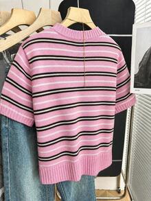 SHEIN 新款春夏韩版休闲宽松个性条纹撞色针织女式上衣 - 粉色 - 查看 2