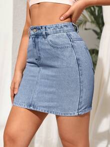 SHEIN Essnce 女士休闲日常通勤修身牛仔迷你裙，夏季 - 淺色水洗藍 - 查看 5