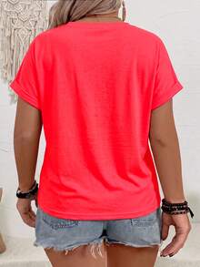 EMERY ROSE Women's Spring/Summer New Arrival Neon Bright Color Button Decor Casual Knit Loose Fit Plus Size T-Shirt - Red - View 2