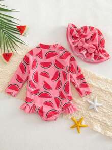 SHEIN Newborn Baby Watermelon Print Raglan Long Sleeve Rash Guard With Hood - Baby Pink - View 2