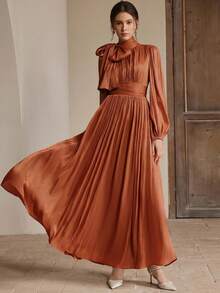 Anewsta Women's Long Dress, Spring/Autumn, Waist Ruched Shiny Elegant Versatile - Burnt Orange - View 5