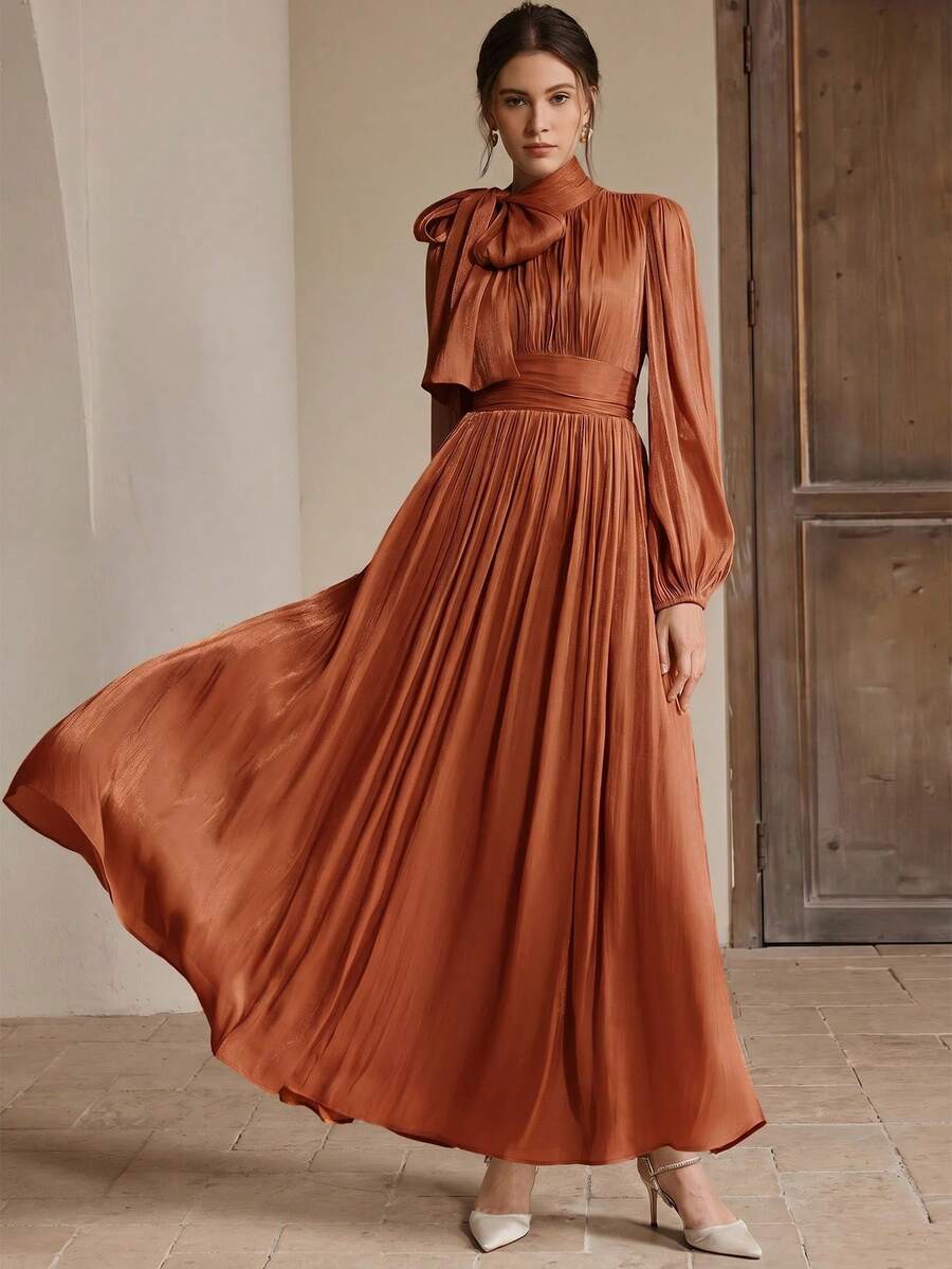 Anewsta Women's Long Dress, Spring/Autumn, Waist Ruched Shiny Elegant Versatile - Burnt Orange - View 1