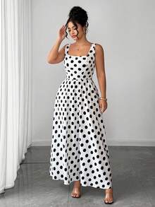 Rometta Vestido vintage de mujer talla grande de verano, nuevo, de gasa, con lunares blanco y negro, cuello cuadrado y cintura con cordón, que estiliza la figura. Adecuado para el uso diario, citas, compras, vacaciones/viajes, playa - Blanco y Negro - Ver 8