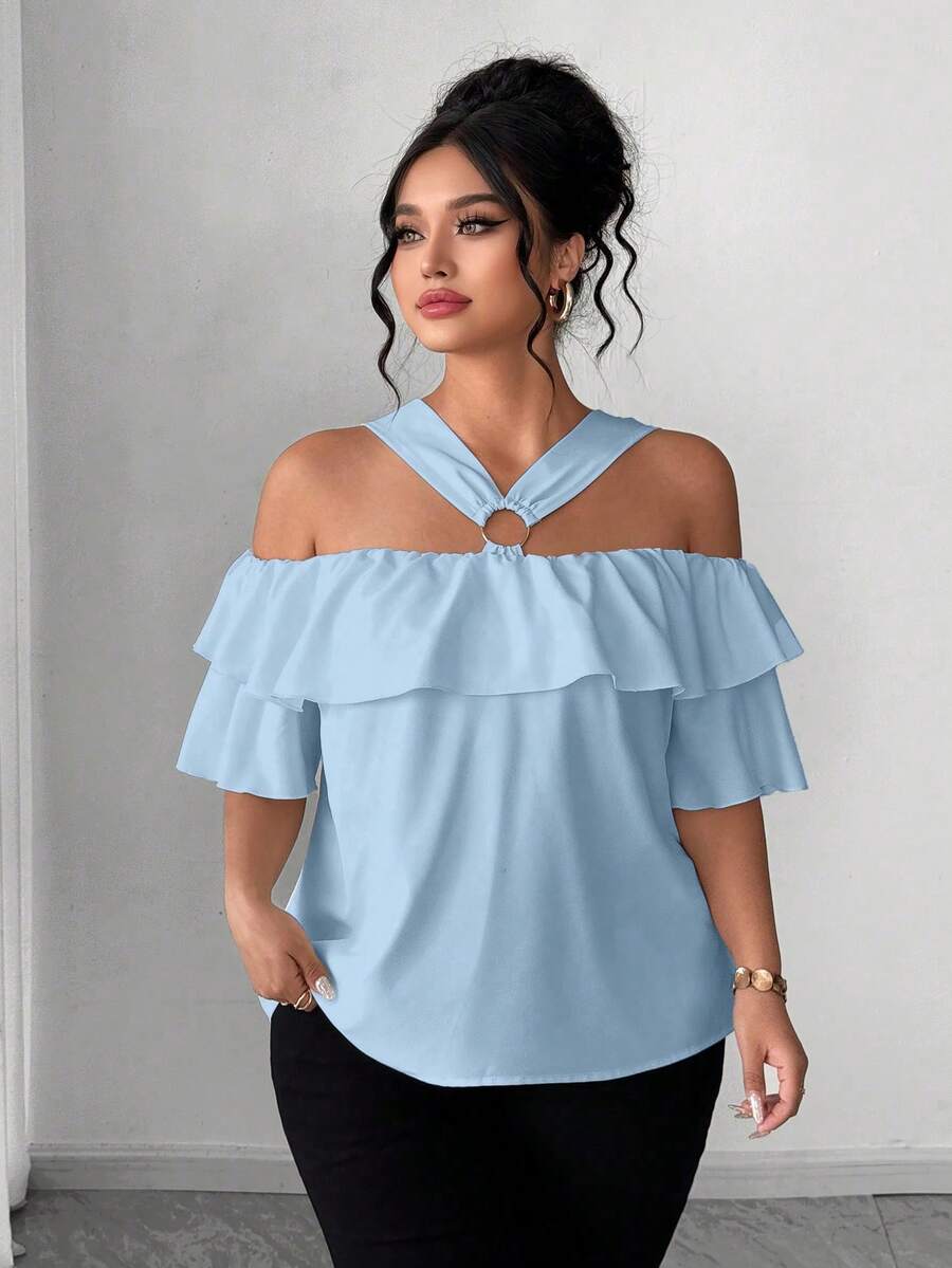 Elenzga Plus Size Women Solid Color Elegant Off-Shoulder Hollow Metal Decor Ruffle Trim Blouse - Blue - View 1