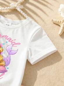 6M-3T Baby Girl 2pcs Set White Short Sleeve Knit Crew Neck T-Shirt With Cute Mermaid Print Seashell Print Shorts Summer Vacation Holiday Casual Outfit - Multicolor - View 3