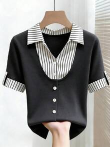SHEIN Franclia Áo thun nữ tay ngắn cổ polo kẻ sọc phối màu, áo sơ mi tay ngắn cài nút in họa tiết, kiểu dáng thường ngày, thích hợp mặc đi làm, mẫu mới mùa hè thu 2026. - Xám - Xem 1