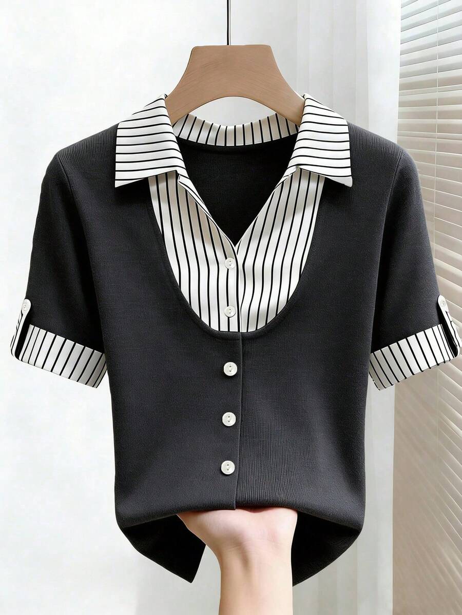 SHEIN Franclia Áo thun nữ tay ngắn cổ polo kẻ sọc phối màu, áo sơ mi tay ngắn cài nút in họa tiết, kiểu dáng thường ngày, thích hợp mặc đi làm, mẫu mới mùa hè thu 2026. - Xám - Xem 1