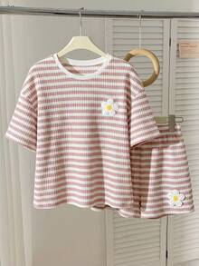 Set Kaos Lengan Pendek Bergaris Patchwork Kasual Musim Panas untuk Remaja Perempuan + Celana Pendek Pinggang Elastis - Berwarna merah muda - View 5