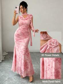 Modelyn 女款綠色無袖飄逸領花卉3D網格印花修身洋裝 - 粉色 - 查看 4