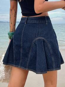 Livesso Chân váy denim ngắn nữ kiểu dáng thường ngày, đa năng, có túi khóa kéo, phù hợp cho các buổi hẹn hò và đi chơi. - Màu xanh lam - Xem 2
