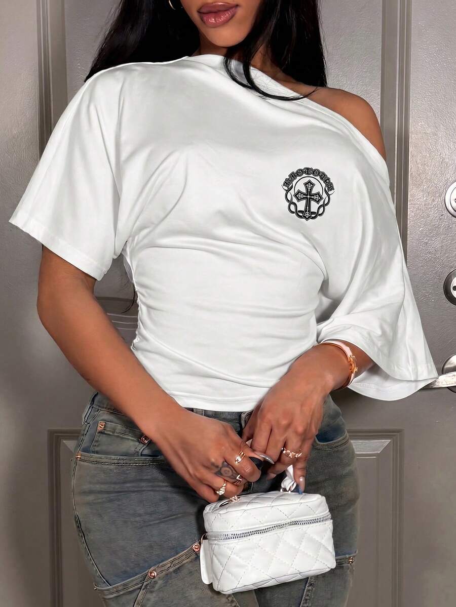 Slaydiva 春夏度假海滨优雅浪漫性感派对约会生日派对休闲优雅露肩宽松腰部褶皱白色T恤上衣 - A
