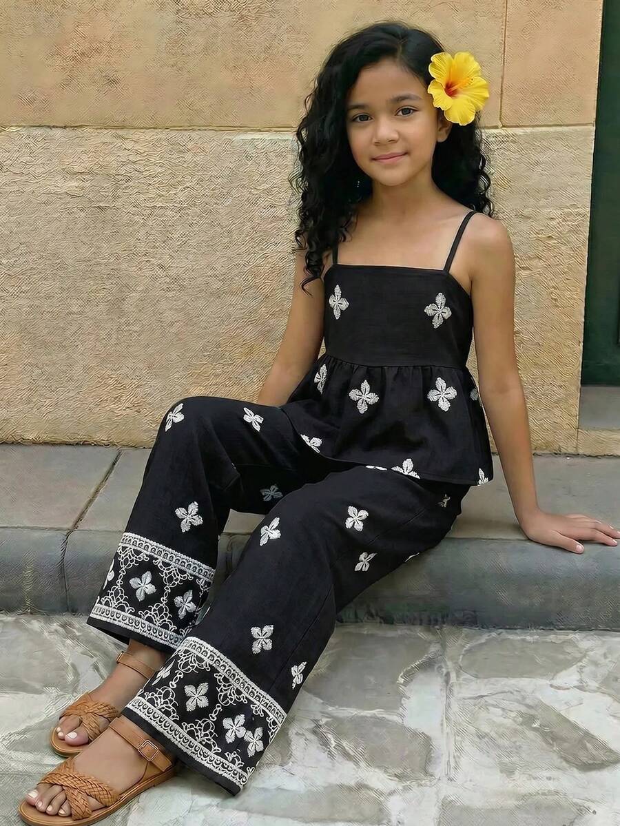 SHEIN 青少年女孩刺繡細肩帶背心與休閒長褲套裝 度假風 黑色 夏季 - 黑色 - 查看 1
