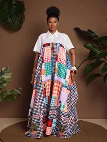 Maweii Plus Size Women's White Summer Bali Vacation Contrasting Plaid Patchwork Shirt Skirt, Music Festival Lapel Loose Skirt - Multicolor - View 5