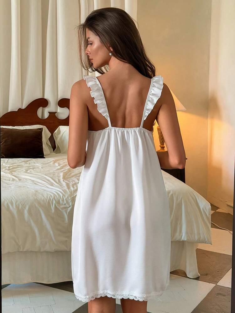 Summer White Chiffon Sweet Lace Patchwork Ruffle Trim Spaghetti Strap Waist Cinched Women Nightgown