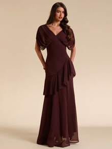 SHEIN BAE Women's Solid Brown Deep V-Neck Sheer Ruffle Hem Maxi Chiffon Dress, Elegant For Spring/Summer - Burgundy - View 6
