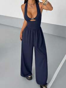 StreetHx Women's Sexy Street Style Navy Blue Deep V Eyelet Decor Halter Jumpsuit For Summer Club Going Out - Navy Blue - View 4