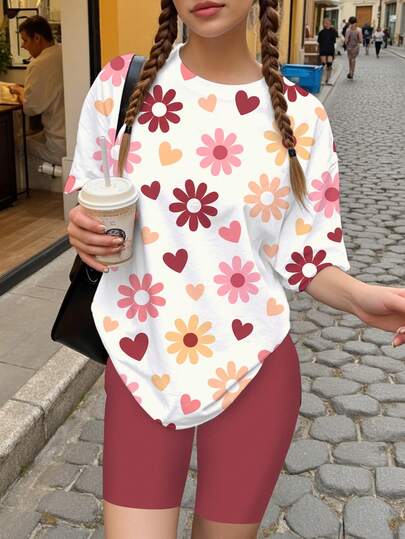 Teen Girls' Casual Cute Polka Dot Colorful Flower & Heart Print 2-Piece Set, Merlot Color, Short Sleeve T-Shirt And Shorts, Suitable For Summer