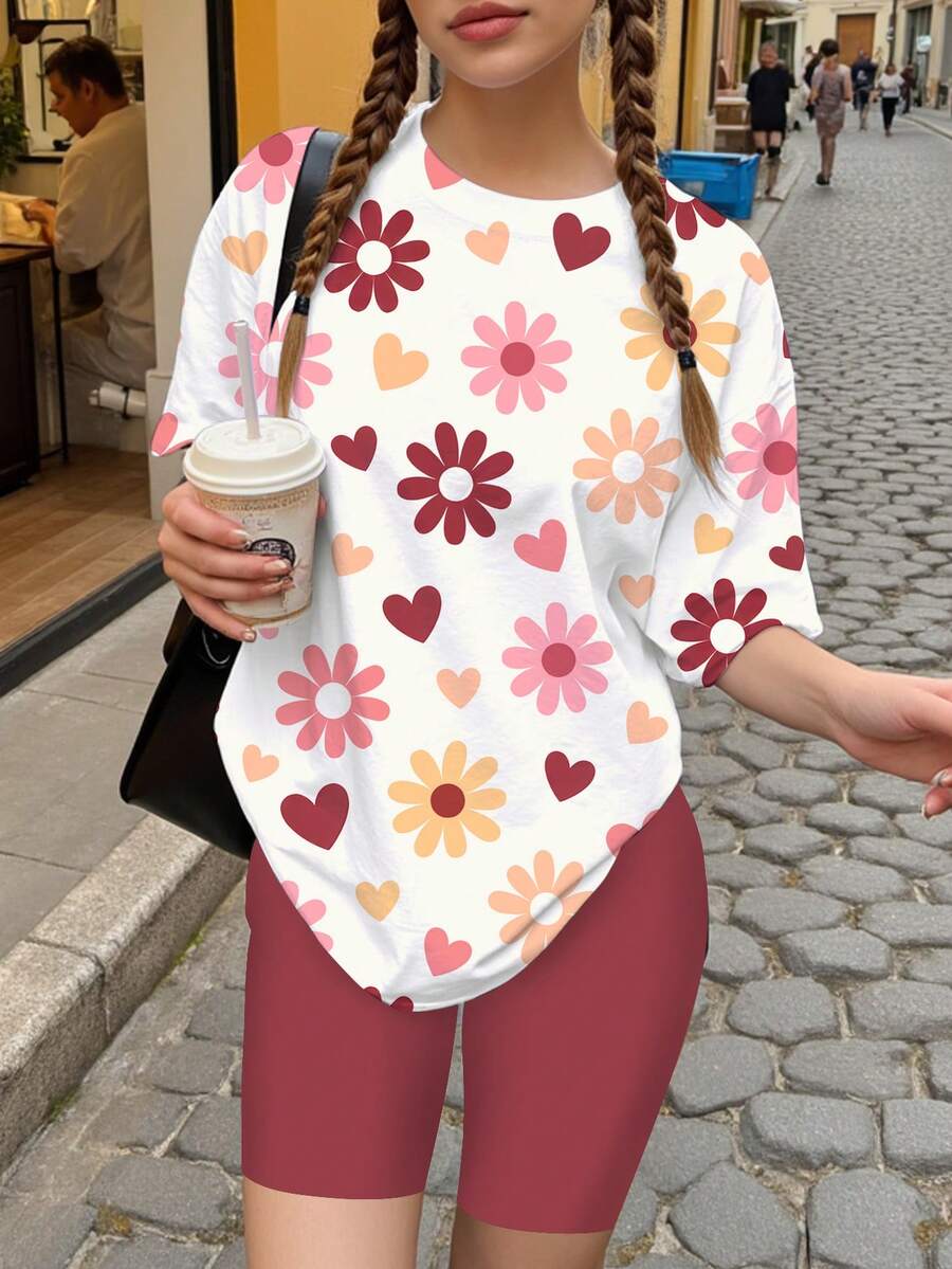 Teen Girls' Casual Cute Polka Dot Colorful Flower & Heart Print 2-Piece Set, Merlot Color, Short Sleeve T-Shirt And Shorts, Suitable For Summer - Multicolor - View 1