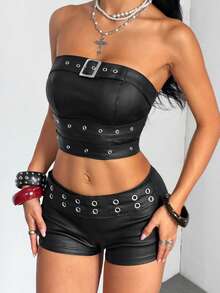 Jeanoix Women's Casual Versatile Daily Wear Tube Top With Buckle Design - Black - View 3