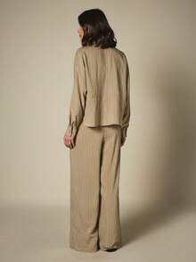 KSTM Women Pinstripe Two Piece Coordinated Set Long Sleeve Button Down Shirt Wide Leg Pants Casual Office Workwear - Khaki - View 2
