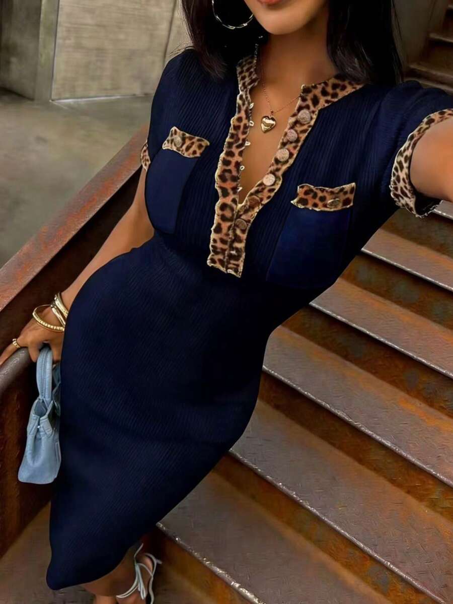 EMERY ROSE Women's Leopard Print Patchwork Color Fashionable Date Party Knit Dress - Navy Blue - View 1