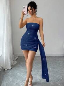 Franclia 女款優雅性感派對抹胸短洋裝，亮片網布材質，不對稱荷葉邊下擺雞尾酒洋裝 - 霧霾藍 - 查看 5