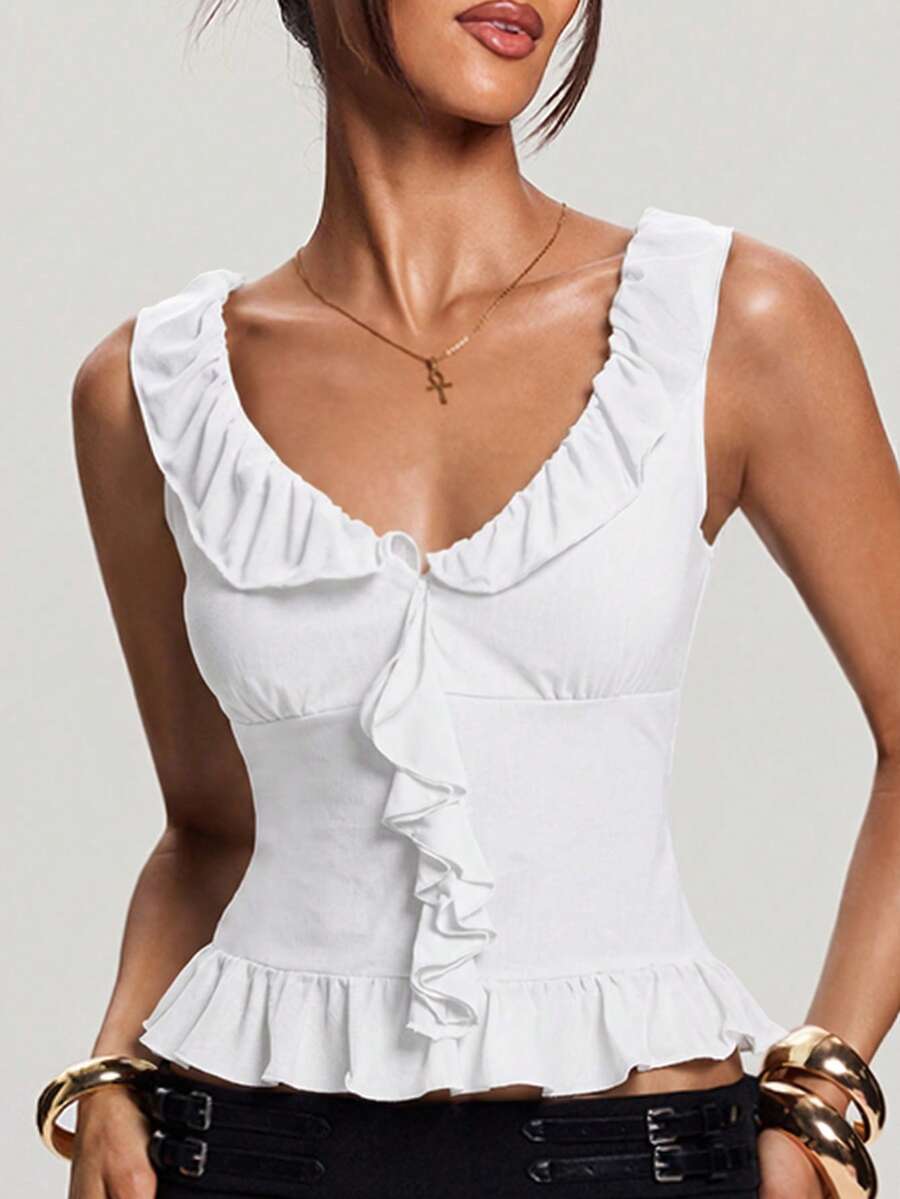 SHEIN BAE 女士纯色简约无袖上衣,休闲装 - 白色 - 查看 1