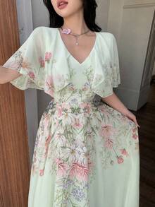 Modelyn 女士V领披肩式设计收腰喇叭形印花雪纺连衣裙 - 綠色 - 查看 3