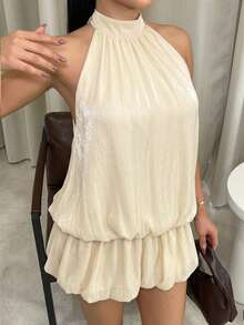 Dayanna Comas Vestido casual de verano para mujer con cuello halter, unicolor y volantes en el bajo - Albaricoque - Ver 5