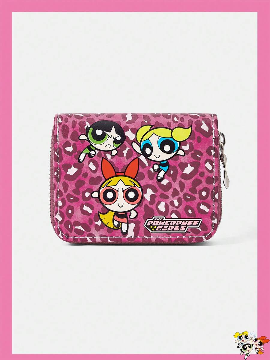 THE POWERPUFF GIRLS X SHEIN Rosarotes Leopardenmuster Polizistin Muster Reißverschluss Geldbörse, Multi-Karten Aufbewahrungstasche, mit Münzbeutel, leichter ID-Clip, geeignet für Frauen/Mädchen, kann als Geschenk für Teenager, Studenten, Lehrer verwendet werden und kann auch als Schul- und Visitenkarten-Tasche verwendet werden - Heißes Pink - Übersicht 1