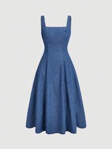 SHEIN MOD 女款夏季休閒方領收腰牛仔洋裝 - 中等水洗藍 - 查看 5