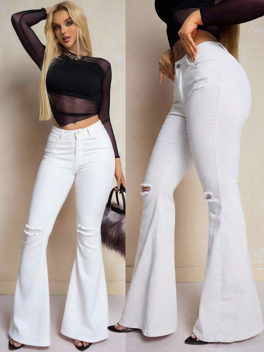 SHEIN SXY 纯色做旧斜插口袋休闲百搭喇叭牛仔裤 - 白色 - 查看 1