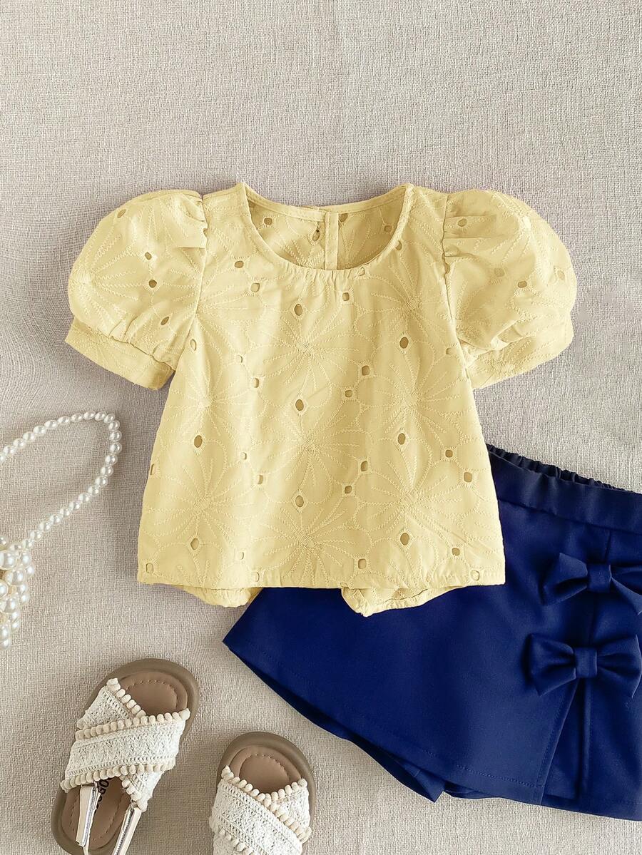 PrepCrw 1 pieza Blusa elegante con cuello cuadrado y mangas de pétalos bordada para niñas jóvenes, adecuada para salidas, reuniones, festivales, primavera, verano, bodas - Amarillo - Ver 1
