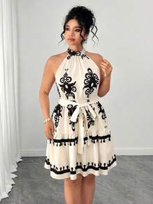 Celure Plus Size Women Floral Pattern Ruffle Hem Halter Neck Dress - Multicolor - View 3
