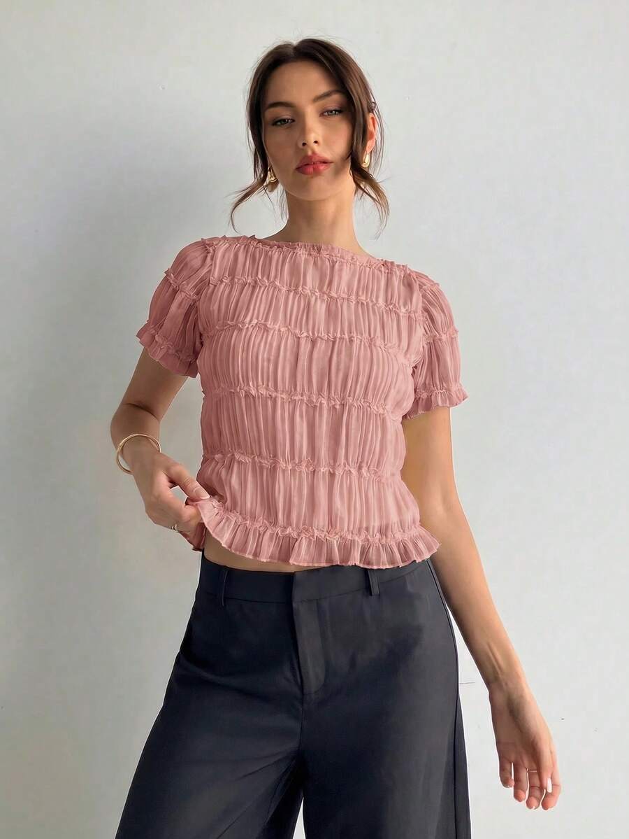 Aloruh Women's Elegant Chiffon Lace Patchwork Apricot Blouse - Dusty Pink - View 1